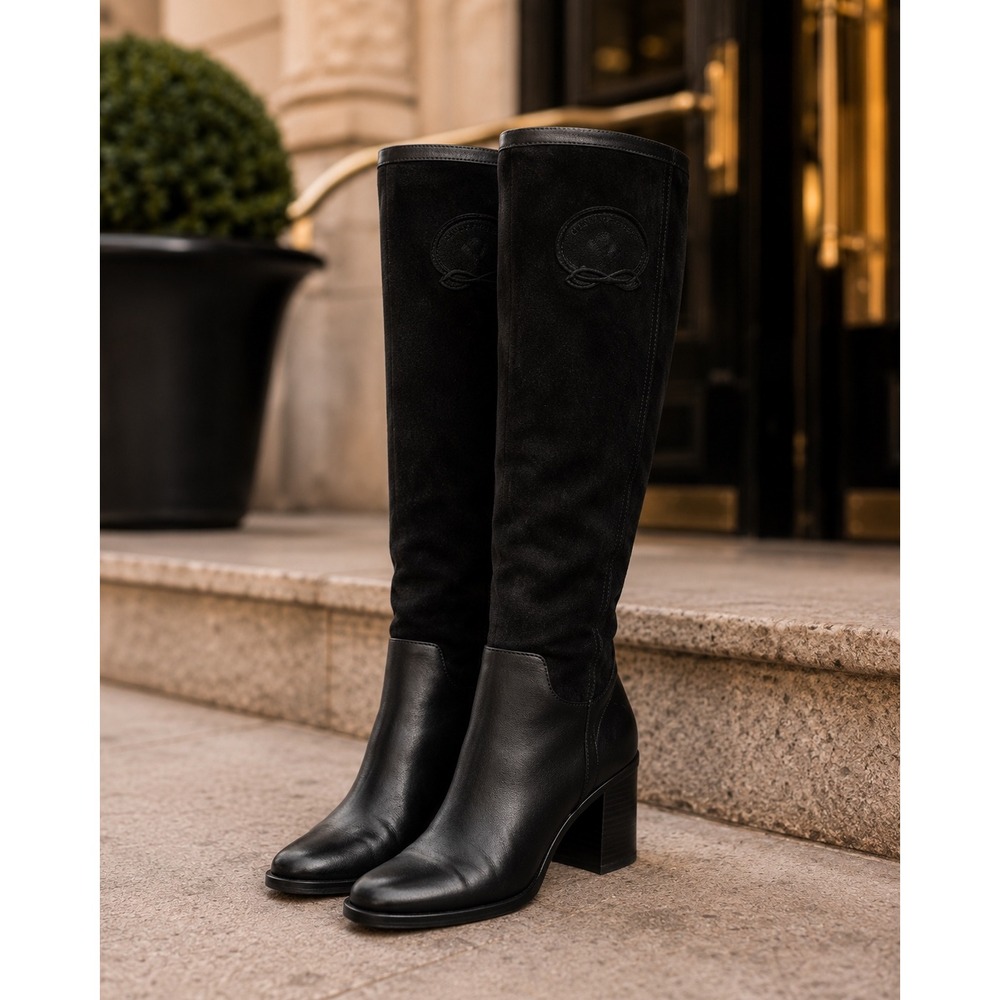 Franco Sarto‎ Nostalgia Tall Boots Black Leather Suede Block Heel Riding 5M - Picture 2 of 16